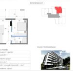 Půdorys apartmánu č. 5 v rezidenci Cold Water Vlora s rozměry místností a vizualizací budovy