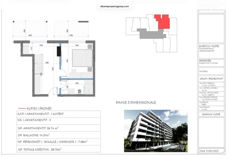 Půdorys apartmánu č. 5 v rezidenci Cold Water Vlora s rozměry místností a vizualizací budovy
