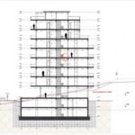 Architektonický řez budovou rezidence Cold Water Vlora se všemi podlažími a výškovým profilem terénu