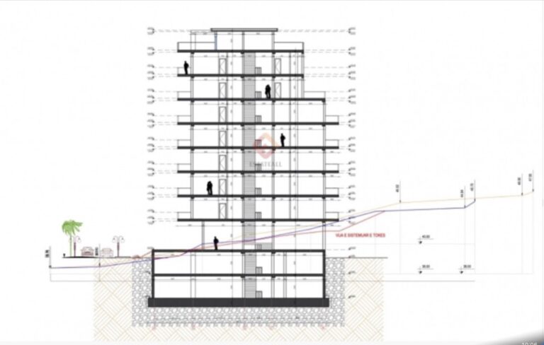 Architektonický řez budovou rezidence Cold Water Vlora se všemi podlažími a výškovým profilem terénu